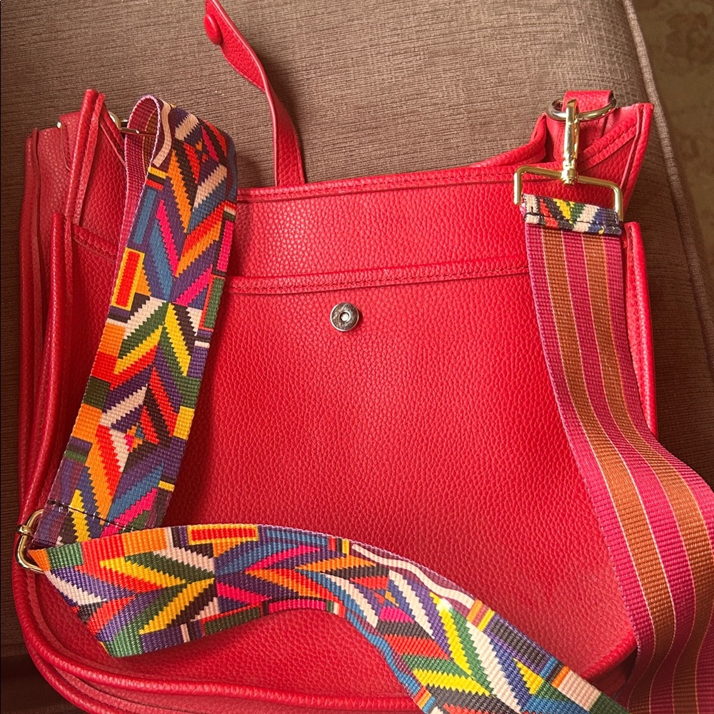 Stylish Red Women's Bag with Colorful Strap